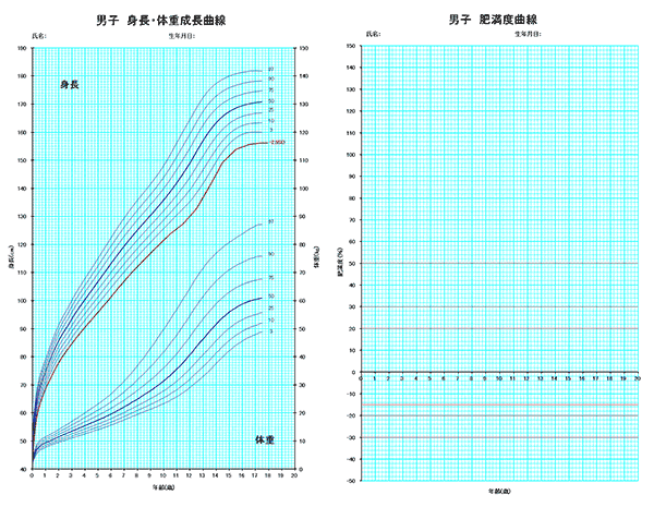 男子成長曲線基準と肥満度曲線基準図